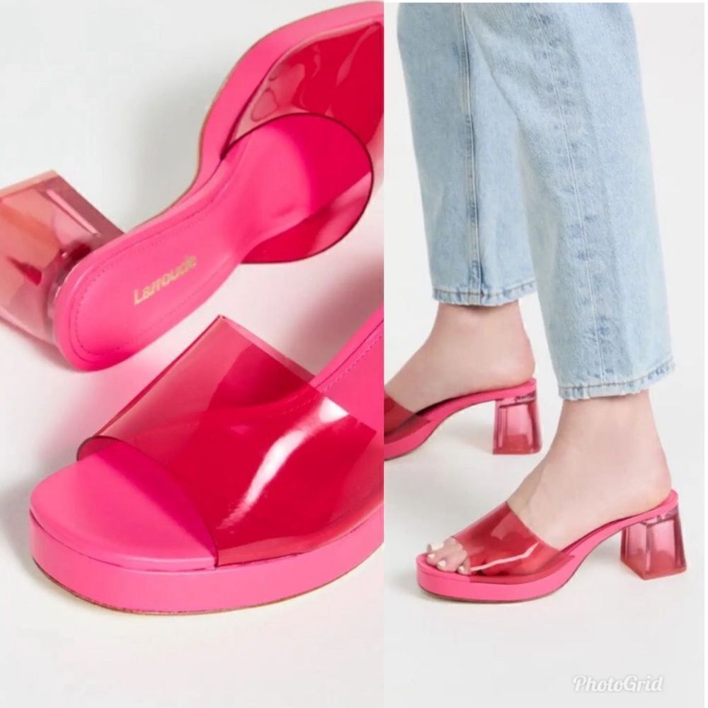 Revolve Larroude Jenn Pink Lucite Chunky Block Heel Sandals